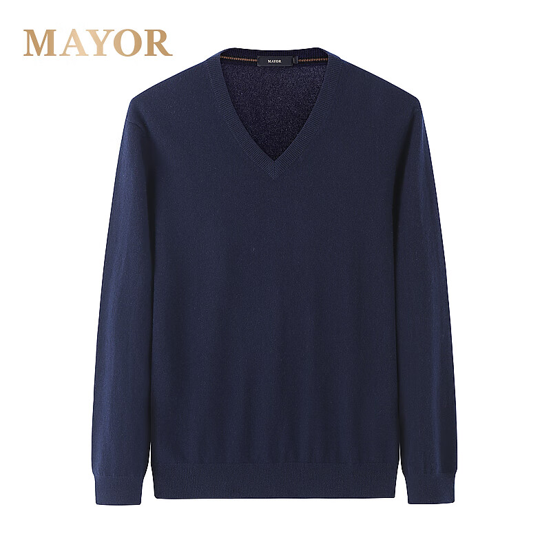 MAYOR男装 全羊绒藏青保暖V领羊绒衫 藏青 XL (110)