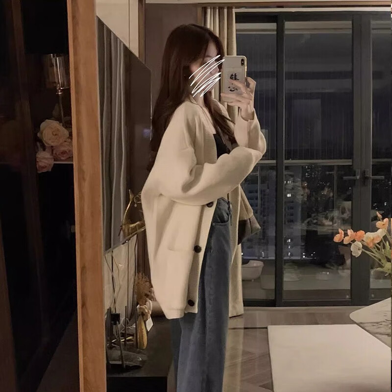 翊尚美中长款针织衫开衫外套女春秋学生长袖上衣新款宽松显瘦慵懒风毛衣 米白色【500g加厚款】 均码 【适合80-140斤】