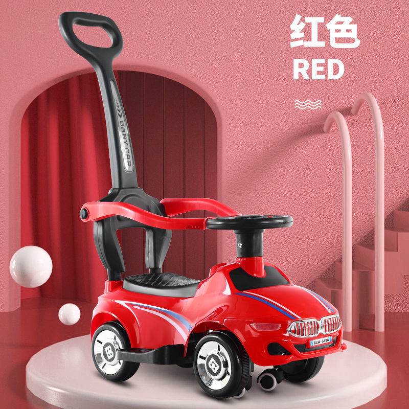 儿童滑行扭扭车平衡溜溜车手推滑步可坐1-3 岁宝宝四轮学步车 红色手推款音乐灯光万向轮护栏可拆推把