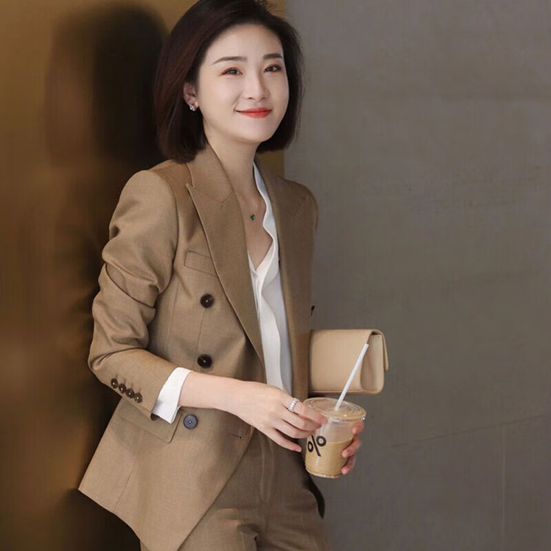 绮大学生面试胖妹妹职业装感休闲西装套装女职业正装气质西服 卡其色