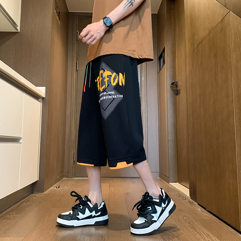 曼迪尚七分裤男夏季新款潮流宽松休闲裤男士运动短裤大码胖子裤子透气 131黑色 4XL 【建议180-200斤】