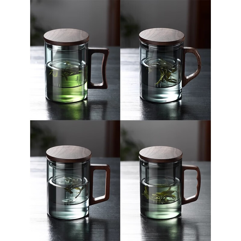 曲和（QUHE）办公室泡茶杯耐热玻璃茶杯带把月牙杯绿茶杯茶水分离男款喝茶杯子 D形木把透明款-单杯无盖 400mL(不含)-600mL(含)
