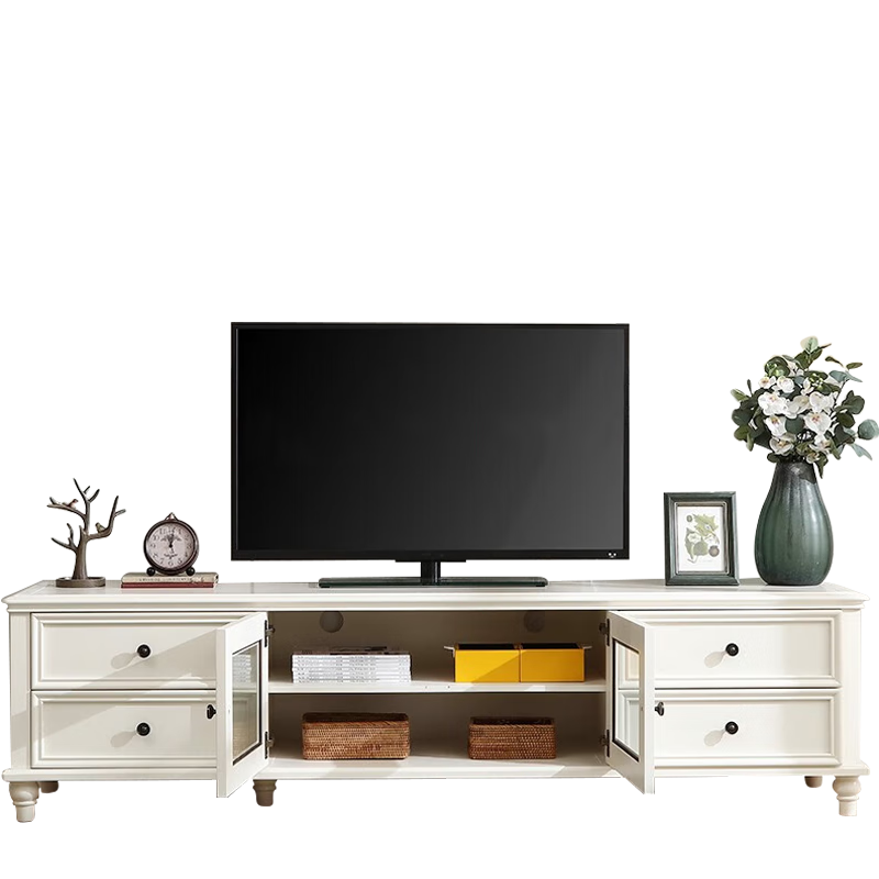 方寸毫厘電視柜 美式鄉(xiāng)村實(shí)木電視機(jī)柜客廳家具地柜玻璃門電視柜帶抽屜 1.8米電視柜定制象牙白色