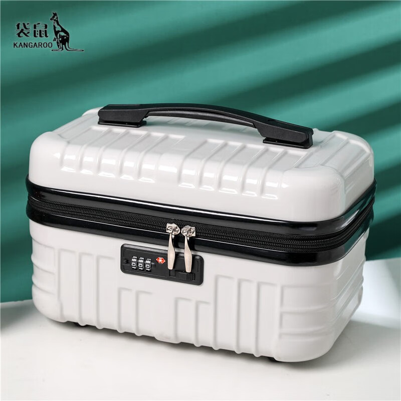 袋鼠（KANGAROO）袋鼠大容量便携手提化妆箱洗漱包多功能化妆品收纳包小型行李箱 乳白色 (亮面PC款) 14寸(无密码锁手提箱)