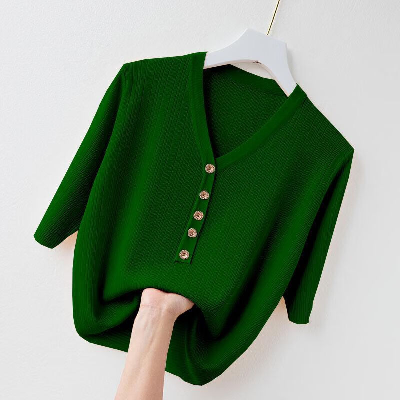 夏季新款韩版v领冰丝短袖t恤女针织衫宽松显瘦百搭毛衣上衣女 墨绿色