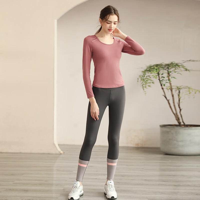 必在IuℕIu 新品  带胸垫健身服女秋冬款长袖跑步服紧身运动上衣瑜伽服套装 藕粉色+铁灰色 S