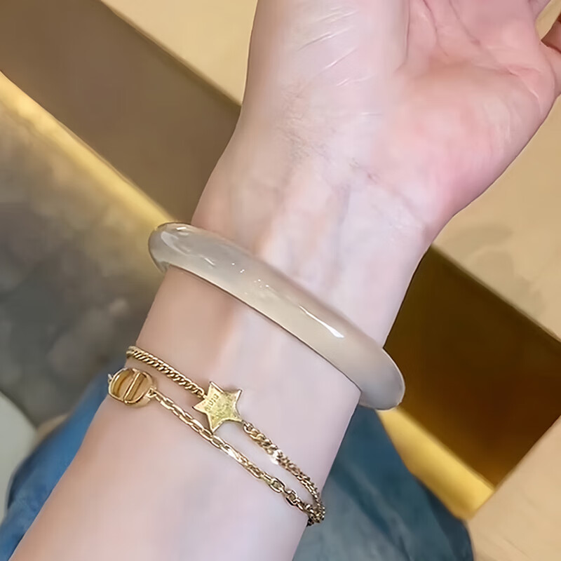 芯香香檳金手鐲女白月光高冰種女款冰透玉鐲子馬料玉髓瑪瑙扁條貓眼石 56適合90-105斤