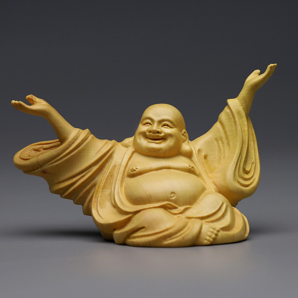 正宗府黄杨木雕双手向上弥勒客厅笑佛摆件 大肚弥勒佛像家用供奉工艺