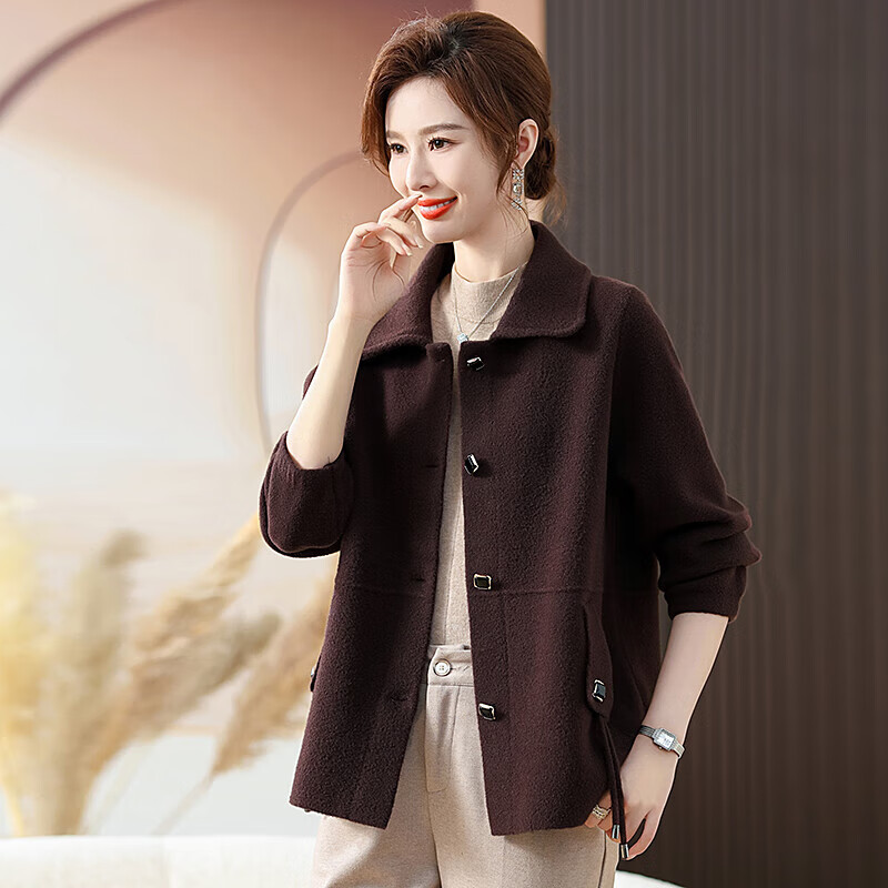 歌珀尼喜婆婆羊绒短外套中年妈妈秋冬季毛呢短外套女韩版宽松双面 咖