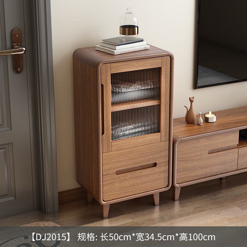 实木框立柜日式客厅收纳柜多功能玻璃门展示柜侧柜 dj2015电视边柜 无