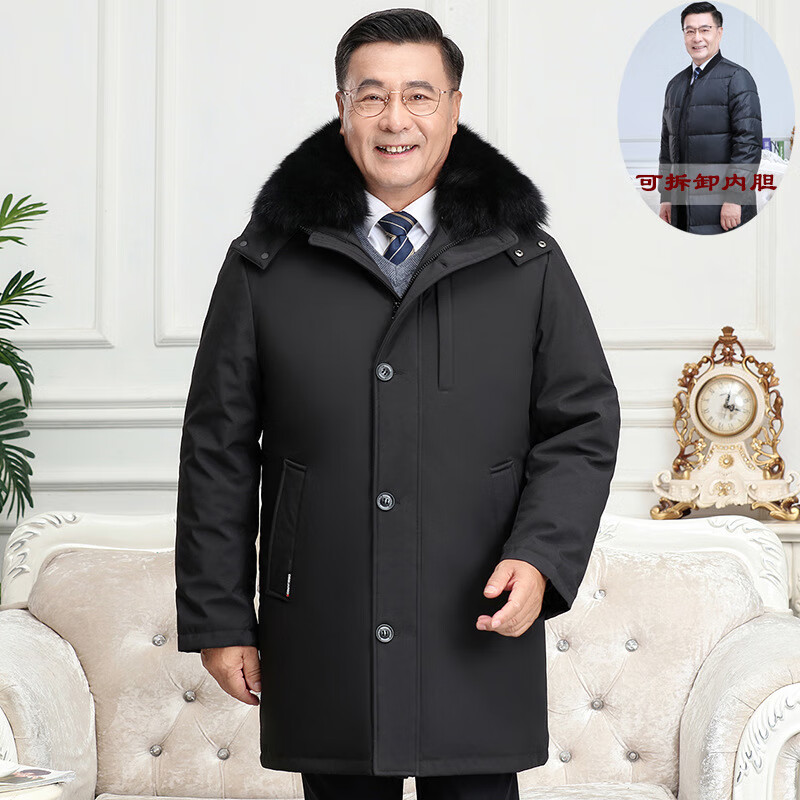 新款大码可脱卸内胆中老年羽绒服男士中长款加厚活面爸爸羽绒冬装 藏兰(无毛领) 2XL
