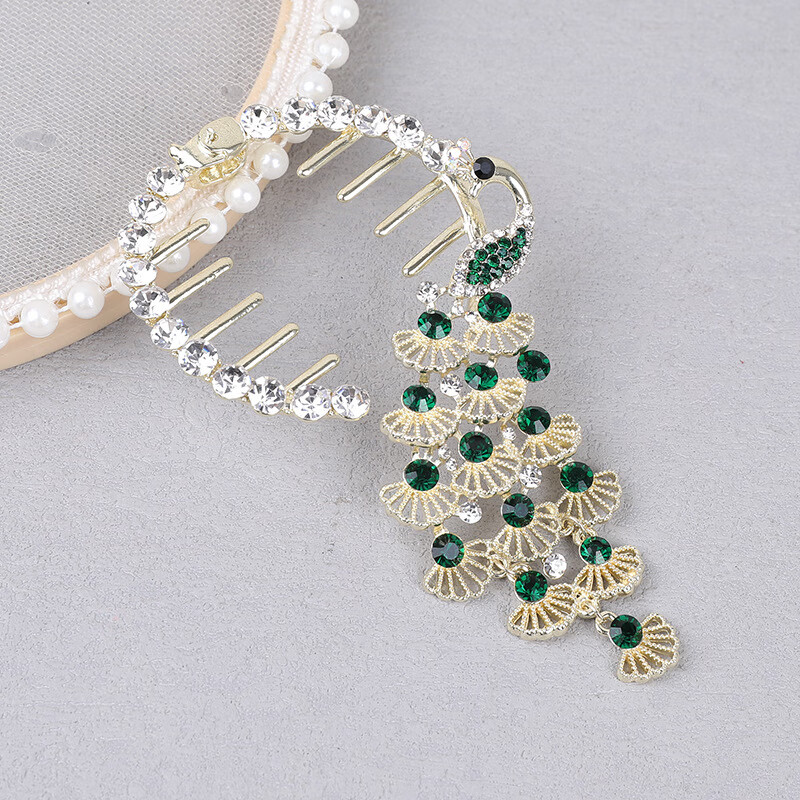 丸子头抓夹固定神器马尾扣发圈发夹气质马尾流苏发卡夹子发饰 绿孔雀