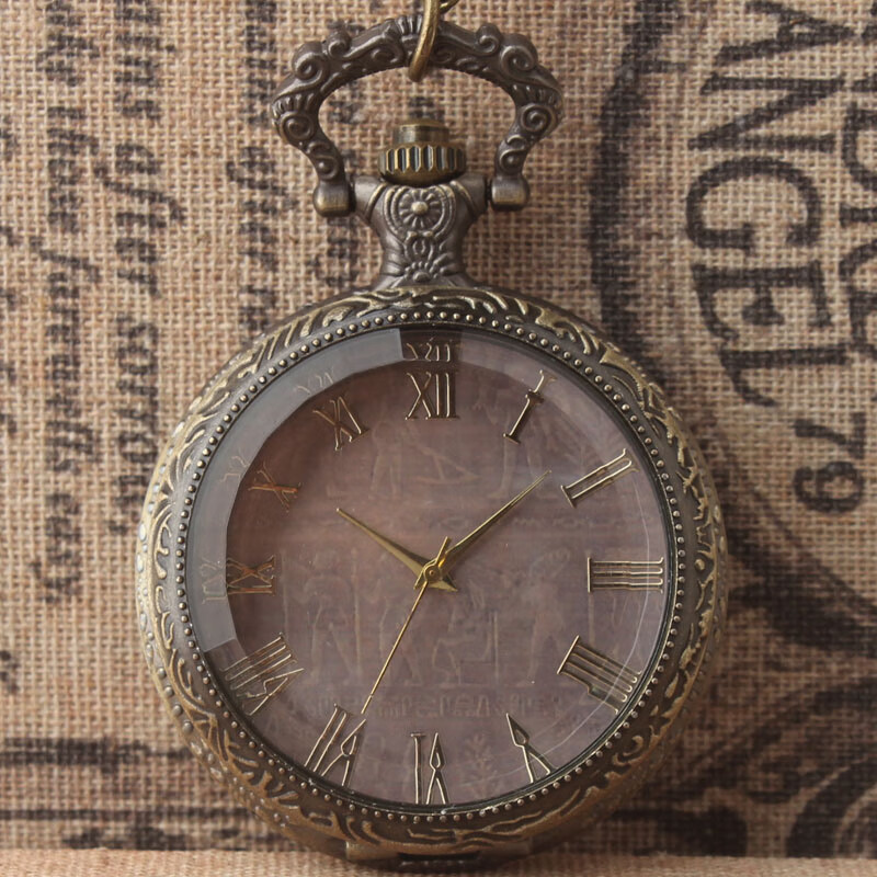 kuqixiang经典怀旧古老圆形花纹后壳白色玻璃复古大号怀表挂表古埃及