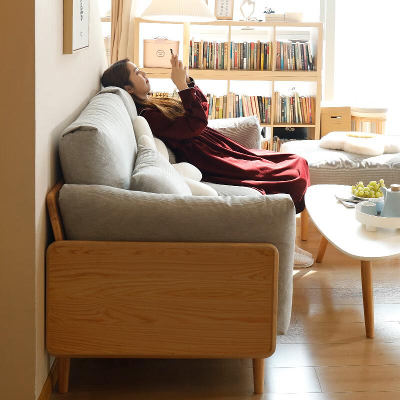 日式客厅布艺原木简约木沙发小户型灯芯绒木质双人四人位 淮月单人