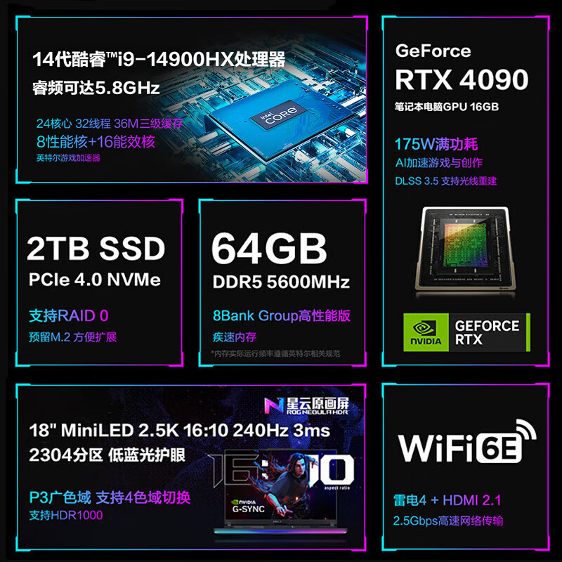 ROG枪神8 Plus超竞版华硕笔记本电脑二手 电竞游戏本 2.5K星云屏240HzP3广色域98新 枪神8P超竞版i9-14代-4090-64G+2T
