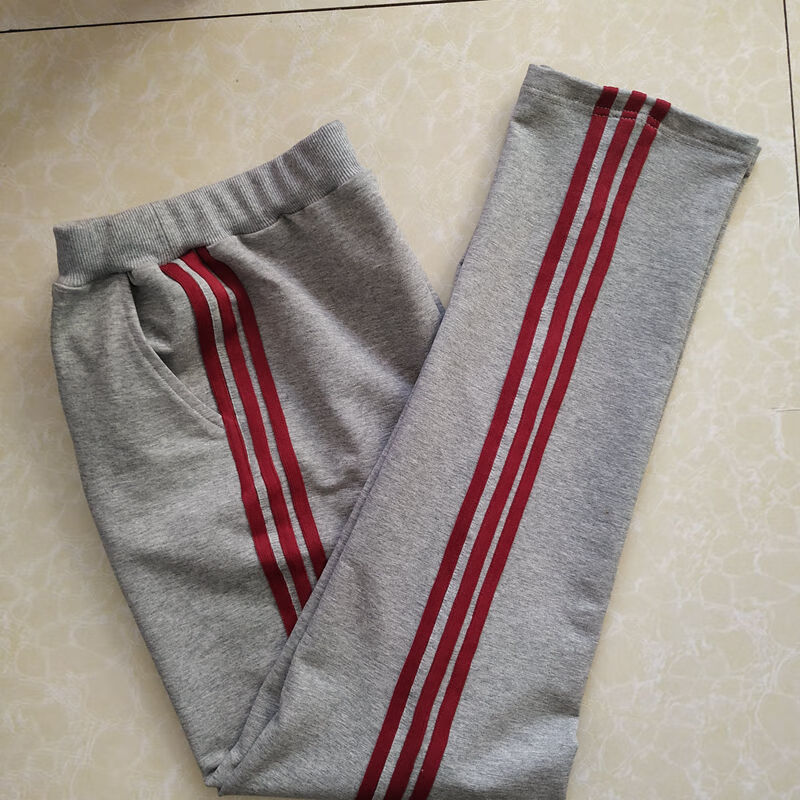 紫策校服小学生中小灰色裤子春秋厚款加三道酒红杠长裤直筒休闲裤运动