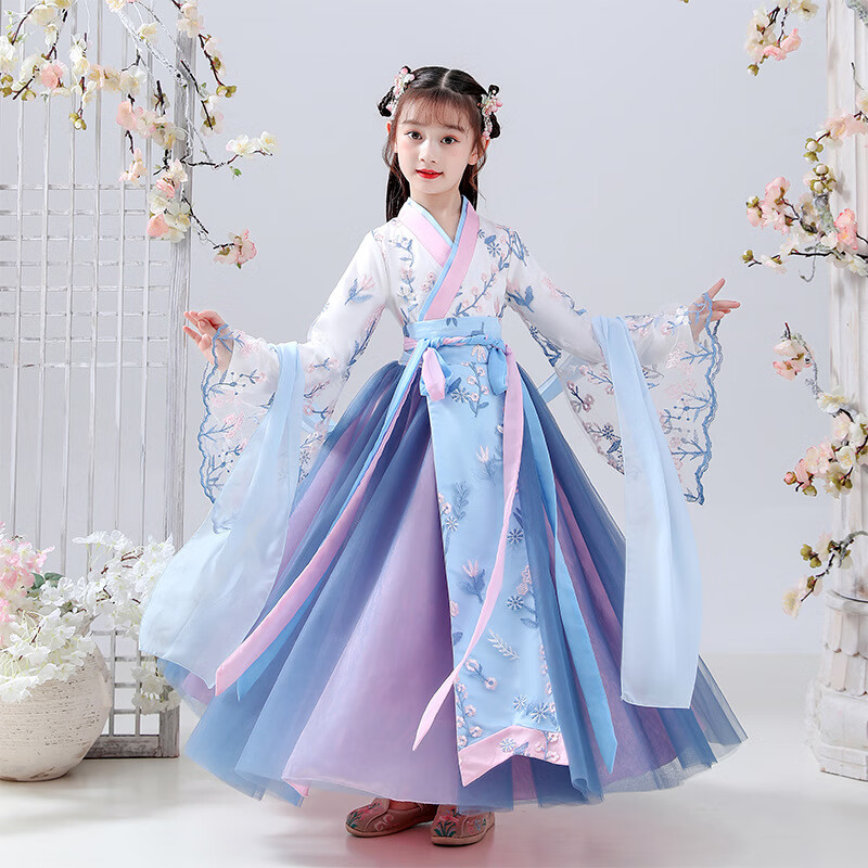 儿童汉服女童春季古风连衣裙中国风中大童唐装女孩连衣裙礼服 浅蓝色