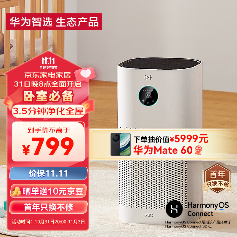 华为智选720智能空气净化器3i 专业除甲醛病毒除菌宠物猫毛除烟味 除雾霾过敏 家用PM2.5数显 鸿蒙智联怎么看?