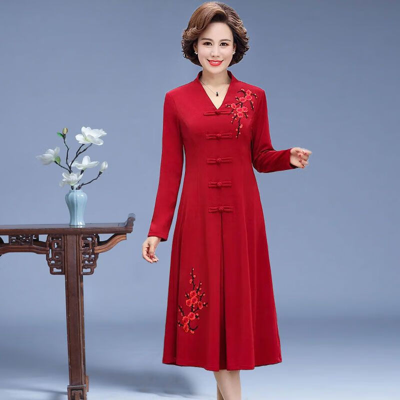 珍妮羊妈妈装连衣裙子过膝2023秋冬新款40岁50中年女阔太太结婚宴礼服