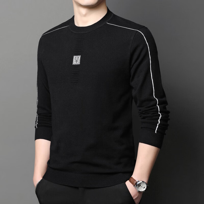 春秋款毛衣男士韩版圆领薄款长袖针织秋衣纯色宽松男装上衣 21001黑色