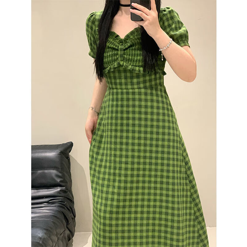 腿中狼2023夏季法式复古少女氧气绿色格子连衣裙女收腰显瘦裙子学生