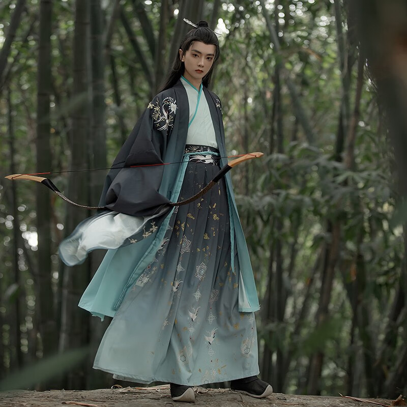 卡輯漢服男古裝全套山海經(jīng)情侶CP演出服交領(lǐng)大袖學(xué)生仙氣齊腰襦裙 【他與鶴】藍(lán)色三件套 XL
