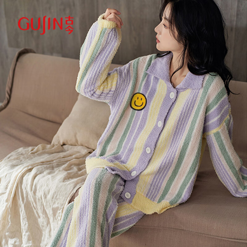 古今（GUJIN）珊瑚絨睡衣女秋冬季加厚保暖24年新款開衫半邊絨大碼休閑家居服
