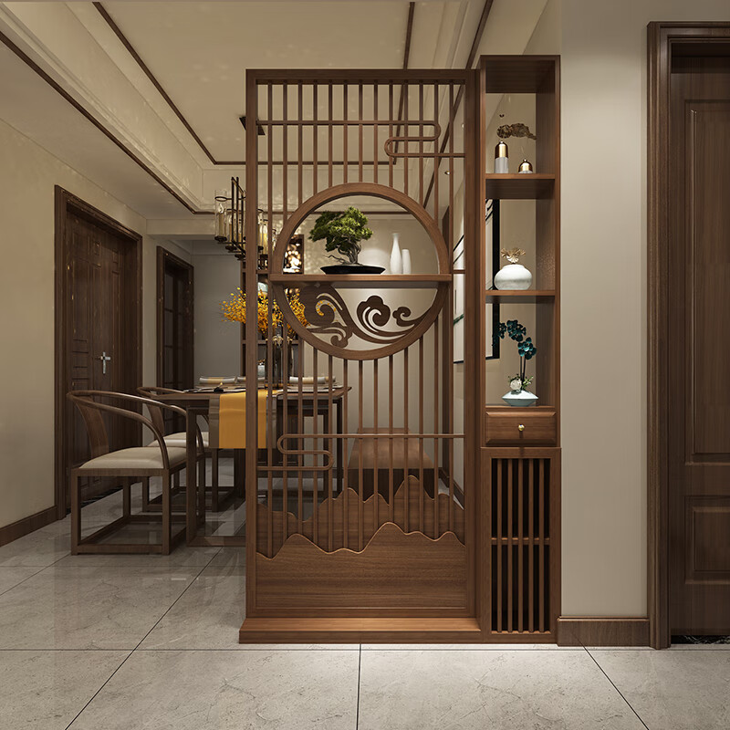 楹钰新中式进门客厅屏风隔断卧室书房遮挡家用入户玄关柜实木镂空柜子