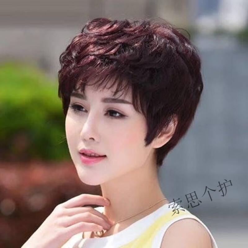 妈妈假发女 短发纹理烫短卷发中老年真人发丝发套女全真发假发头套