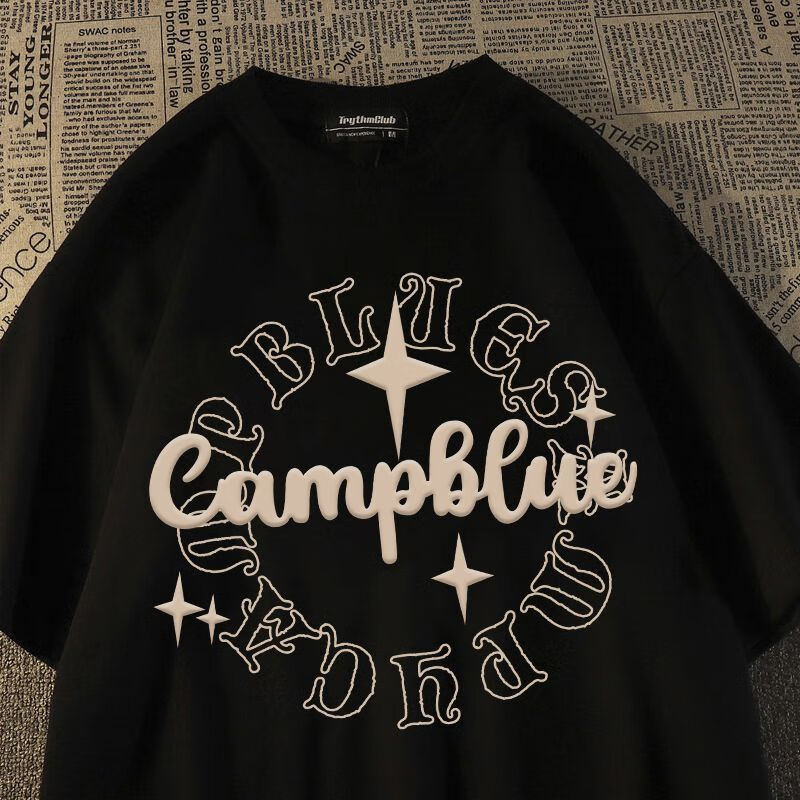 dreamer的猫短袖高街纯棉潮牌ins短袖t恤男宽松美式韩版ove 黑色 星星