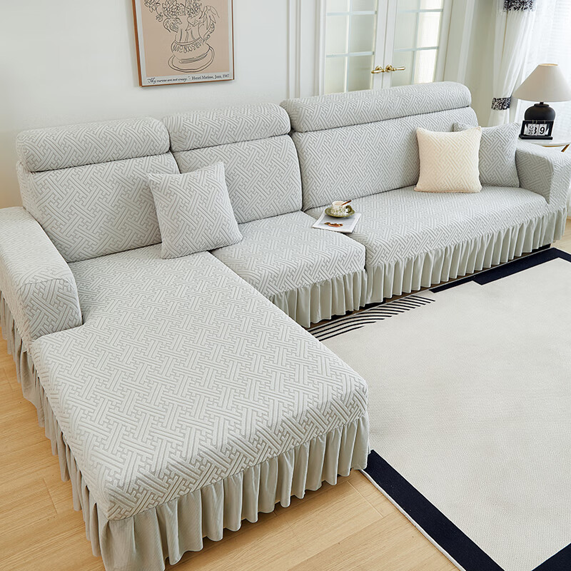 粉小萌沙发套全包罩弹力三座一贵妃万能四季通用型裙边防猫抓皮沙发盖布 大弹力加厚-银灰 餐2：右贵妃+无扶手单人+左双人
