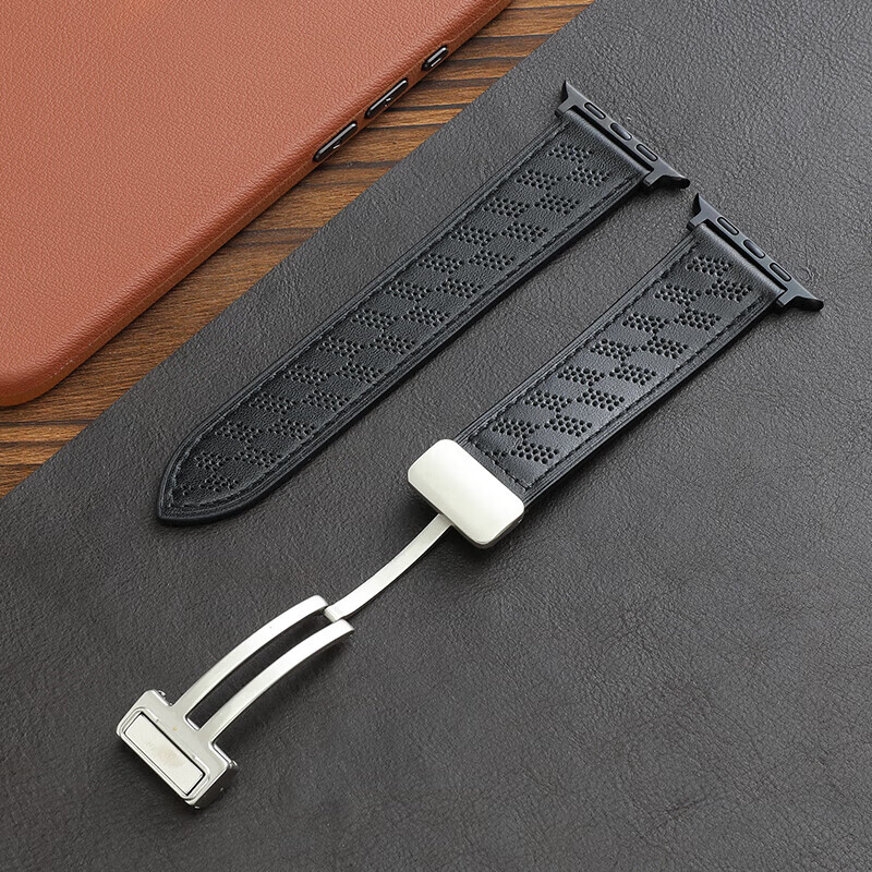 LIAVNAS适用苹果表带apple watch s11/10/9/ultra2微孔透气双面真皮表带iwatch S8/7/6/5/SEwp磁吸手表带 微孔-透气-黑色 44/45/46/49MM表盘通用