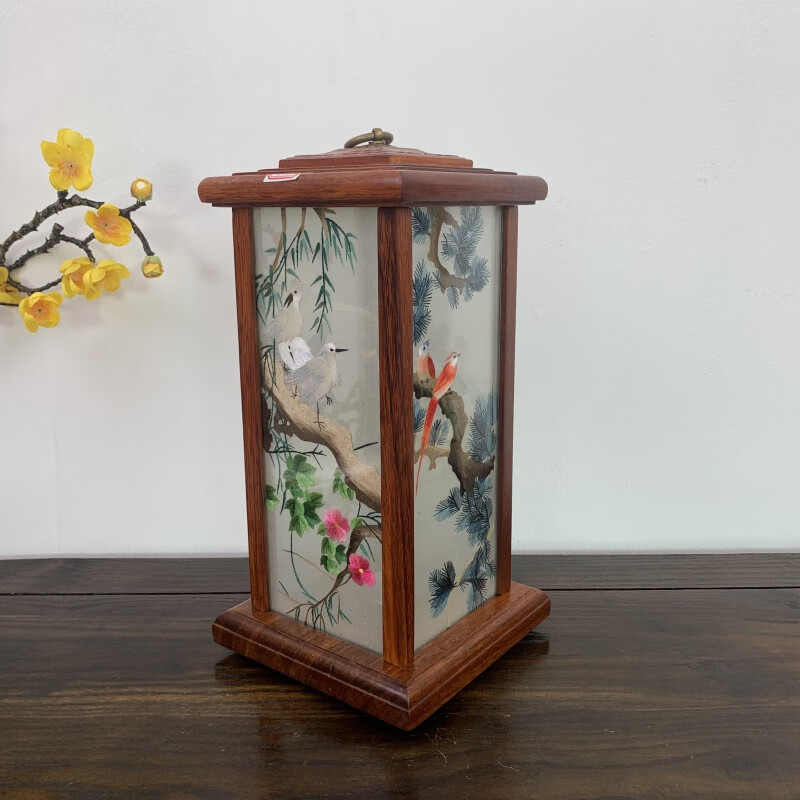 苏绣手工刺绣果实鸟四方宫灯台灯夜灯双面绣工艺品复古风摆件 默认