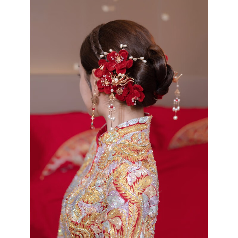 泰聚福轻奢高端新娘头饰套装绒花古风古典汉服红色盘发古装婚礼秀禾服