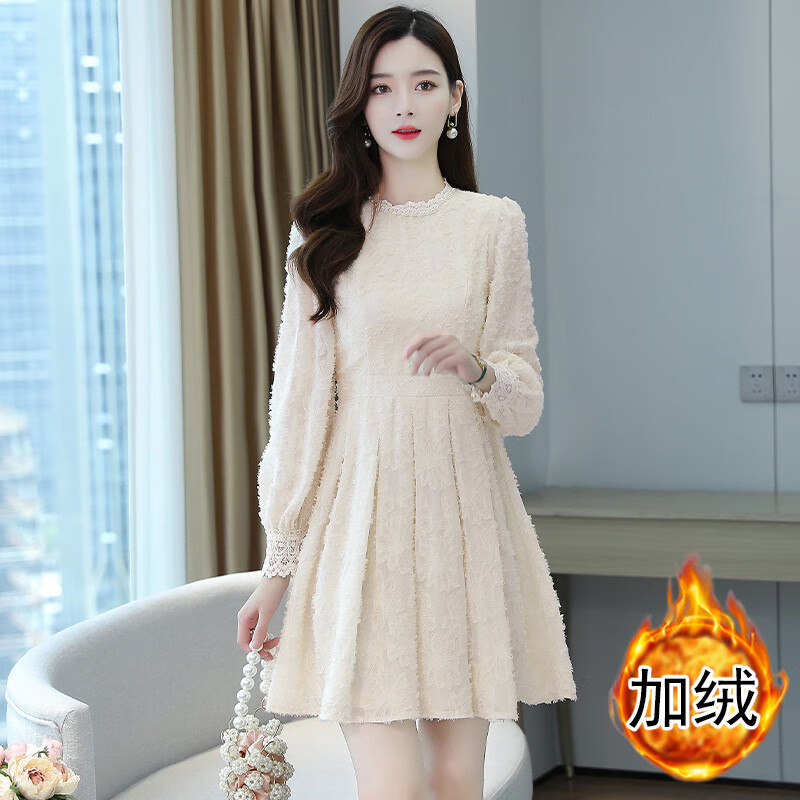 歌鹏冬季冬天连衣裙加绒加厚蕾丝打底连衣裙子女装秋冬季矮小个子内搭