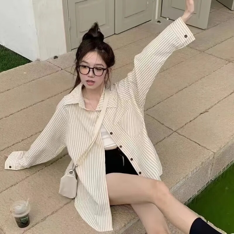 雷黛茜新款气质条纹插肩袖衬衫春秋女日系长袖宽松长袖衬衣百搭复古上衣 8669#杏色单衬衣 S 75-90斤