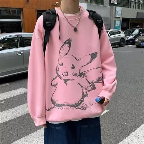 乔骏晟ins潮男高中学生皮卡丘卫衣无帽圆领秋季粉色上衣服外套港风