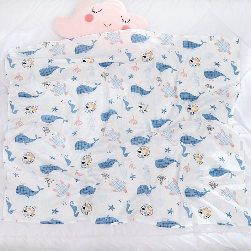 凉感夏季宝宝竹纤维婴儿盖毯儿童毛巾被子夏凉被宝宝浴巾 高密纯棉单层110*120鲸鱼