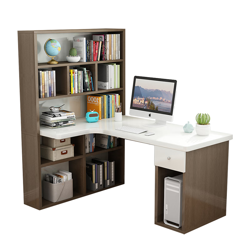 中蘇千葉 電腦桌轉(zhuǎn)角書桌書架一體桌學(xué)生臥室組合寫字桌家用臺式辦公桌 黑櫻桃色長140【升級柜門款】