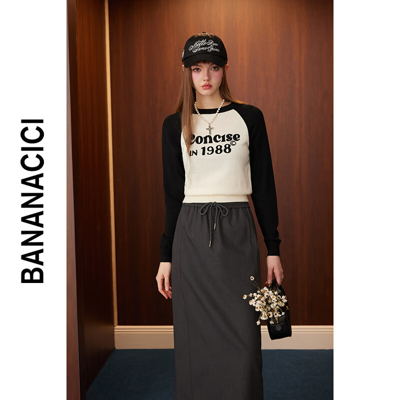 banana cici2024年秋季新款美式复古风撞色字母刺绣BC套头针织衫C243MY093 黑色 L
