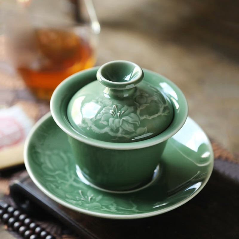 憬莀茶具龙泉青瓷严少英手工老梅子青釉玉兰盖碗三才泡茶碗功夫茶道