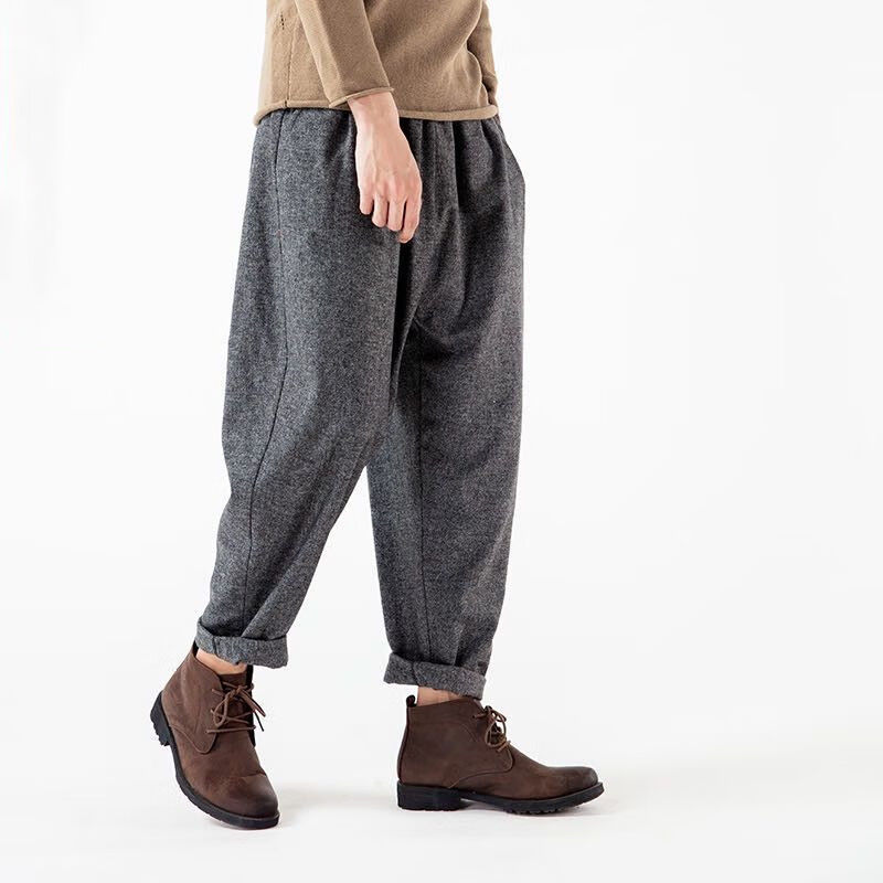 男仕式宽松萝罗卜裤男士中年冬季加厚加绒毛呢裤子男2022冬季萝卜裤男