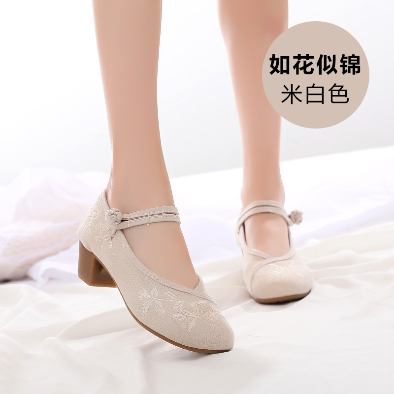 永和春老北京布鞋时尚女鞋绣花鞋女古风刺绣汉服鞋民族风复古旗袍鞋高跟茶服鞋休闲秀禾鞋防滑软底舒适女单鞋 如花似锦-米白色 35怎么看?