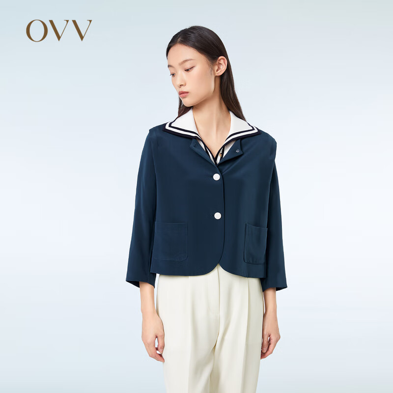 OVV2023春夏新款女装精致圆领七分袖桑蚕丝短款休闲夹克外套 藏青(净色)25 S