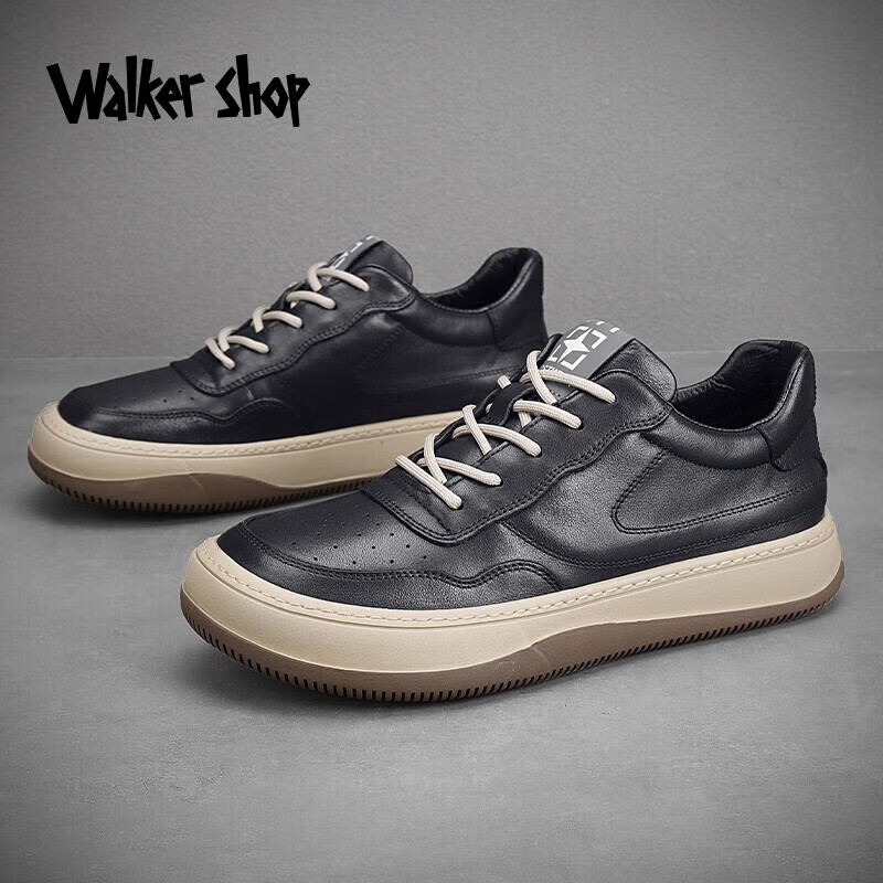 walker shop奥卡索男士休闲鞋头层牛皮鞋男系带软底板鞋男鞋 绿色 40