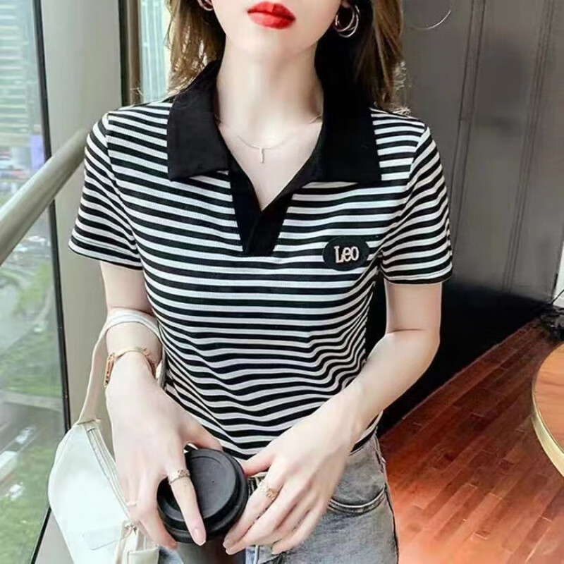 品彩（pincai）夏季新款短袖T恤女韩版修身休闲女装运动翻领polo衫女半袖体恤女 黑白 XL怎么看?