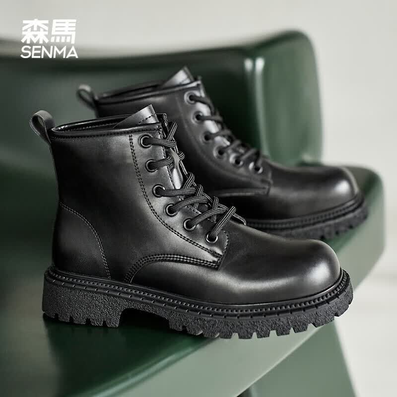 senma 潮流时尚韩版百搭短筒高帮机车复古英伦马丁靴女系带厚底圆头