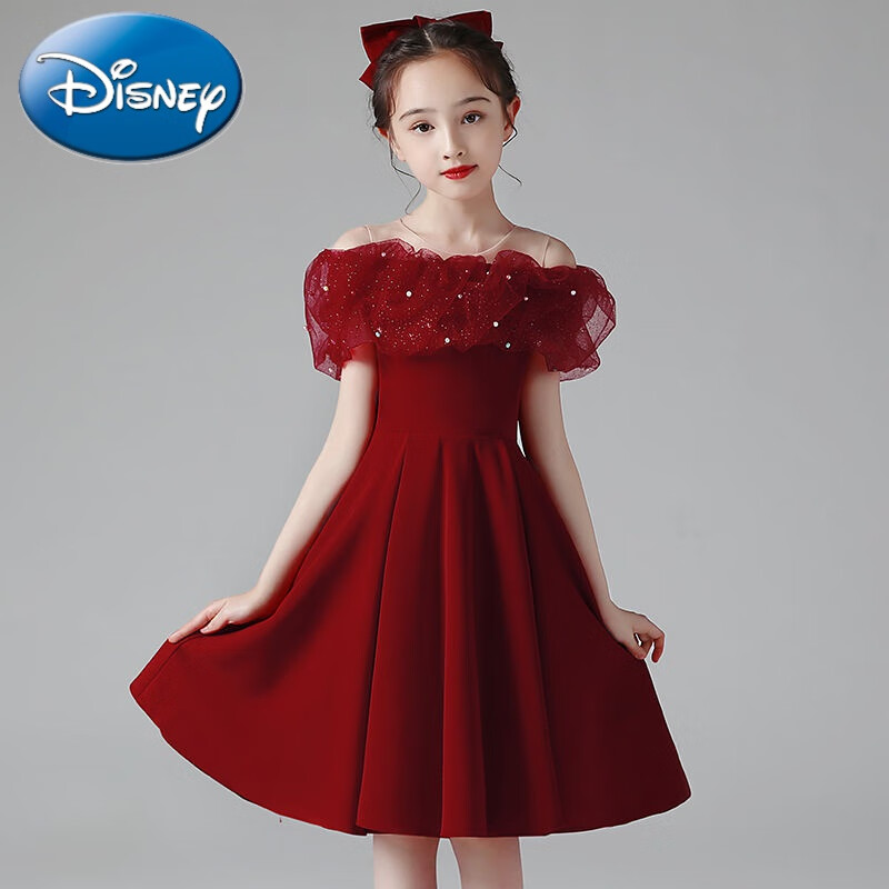 儿童礼服公主裙洋气高端女童主持人钢琴演奏演出服生日红色晚礼服