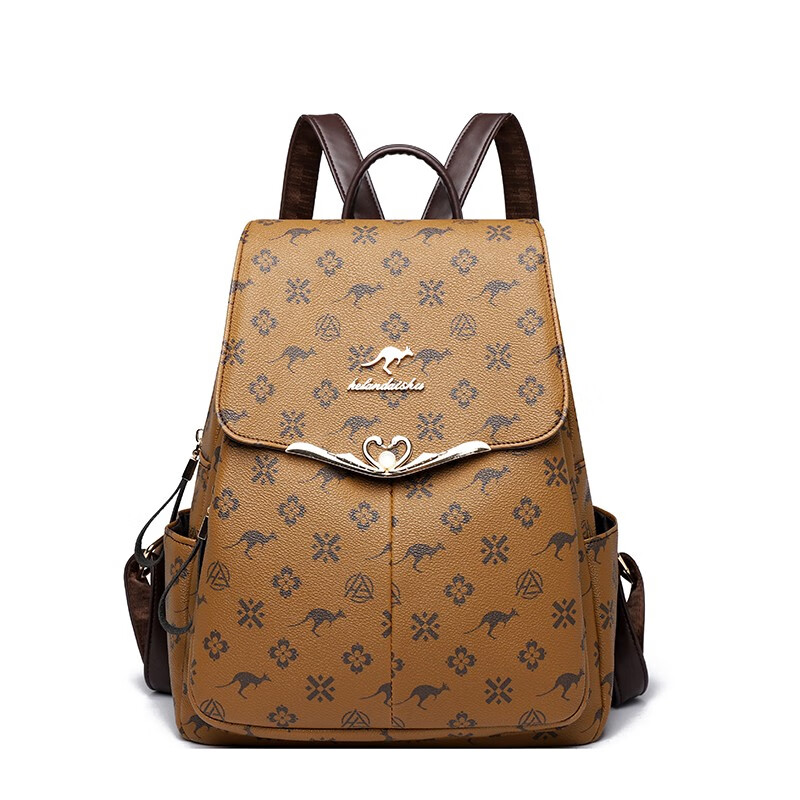 玫瑰袋鼠品牌轻奢双肩包女真皮2024新款时尚防盗牛皮背包大妈妈旅行包软皮 棕配棕【礼盒装+手包卡包】