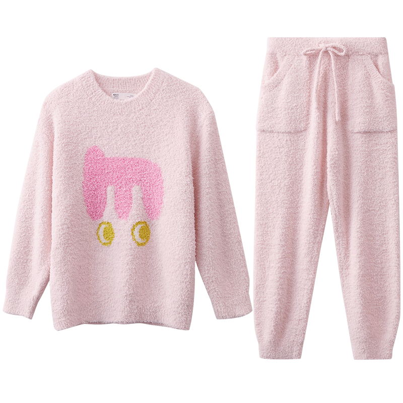 红豆（Hodo）情侣半边绒抗静电睡衣女圆领套头男秋冬珊瑚绒外穿保暖家居服套装 男士藏青 180